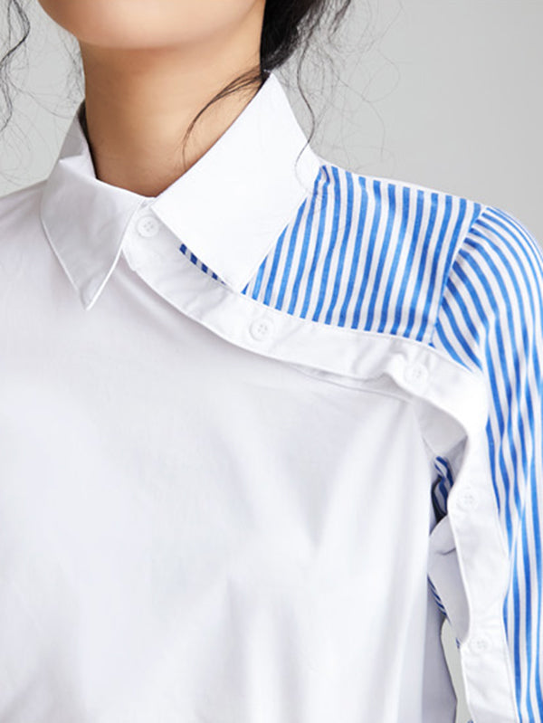 Long Sleeves Irregularity Striped Solid Contrast Color Lapel Collar Blouses
