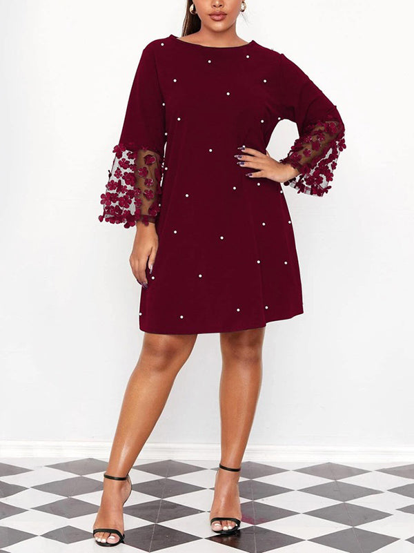 Mesh Polka-Dot Split-Joint Three-Dimensional Flower A-line Loose Round-neck Mini Dresses