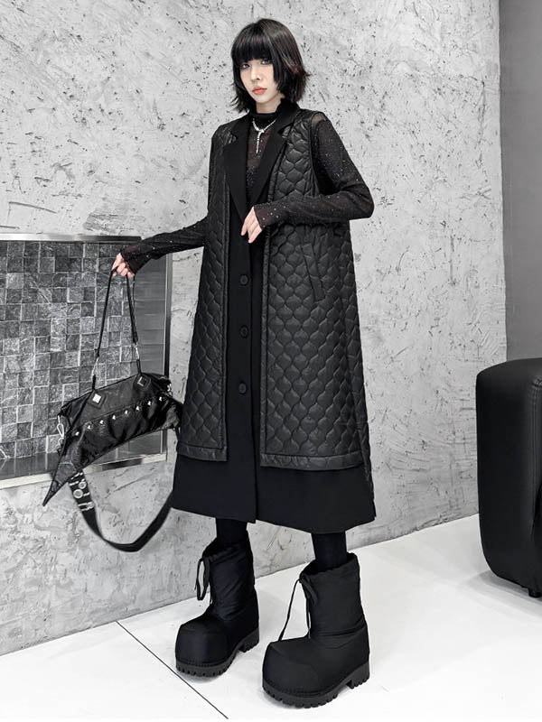 Buttoned Plaid Pockets Solid Color Split-Joint Loose Sleeveless Notched Collar Padded Vest Outerwear