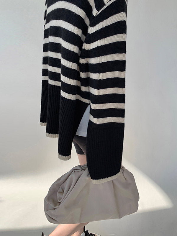 Contrast Color Pleated Split-Joint Split-Side Striped Patterns Long Sleeves Loose High Neck Sweater Tops