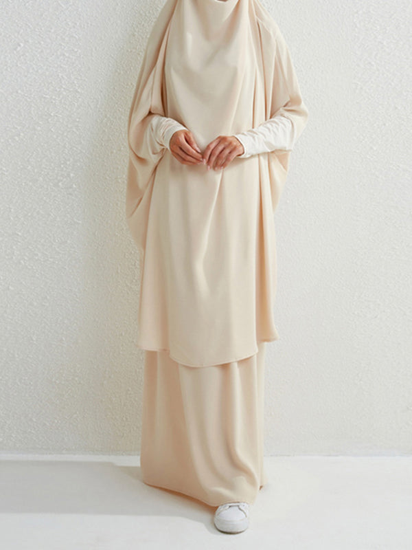 Solid Color Batwing Sleeves Long Sleeves Muslim High Neck Shirts Top + Skirts Bottom Two Pieces Set
