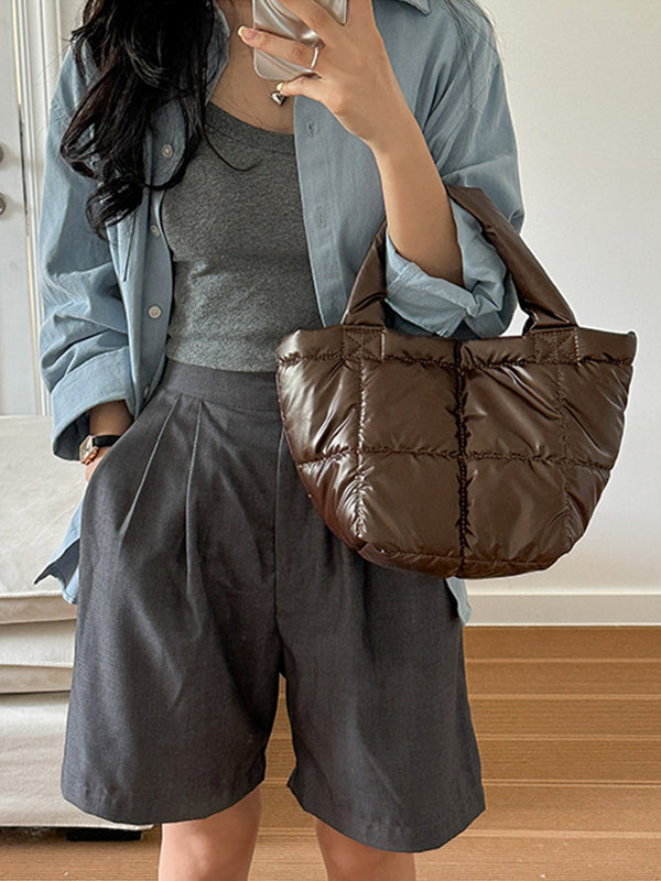 Solid Color Split-Joint Padded Tote Bags Handbags