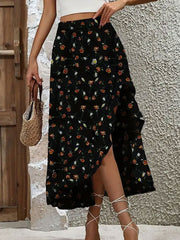 Asymmetric Flower Print Ruffled Split-Front High Waisted Loose Skirts Bottoms