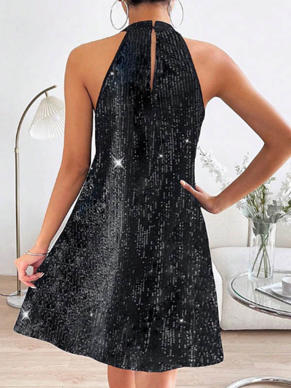Hollow Sequined Solid Color A-Line Loose Halter-Neck Mini Dresses