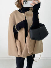 Pockets Split-Front Split-Joint Loose Sleeveless Round-Neck Woolen Coat