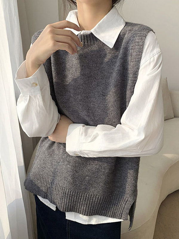 Solid Color Split-Joint Split-side High-low Loose Round-neck Vest Top Knitwear