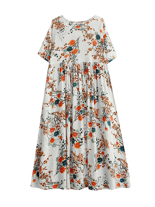 Floral Printed Loose Short Sleeves Round-neck Midi Dresses
