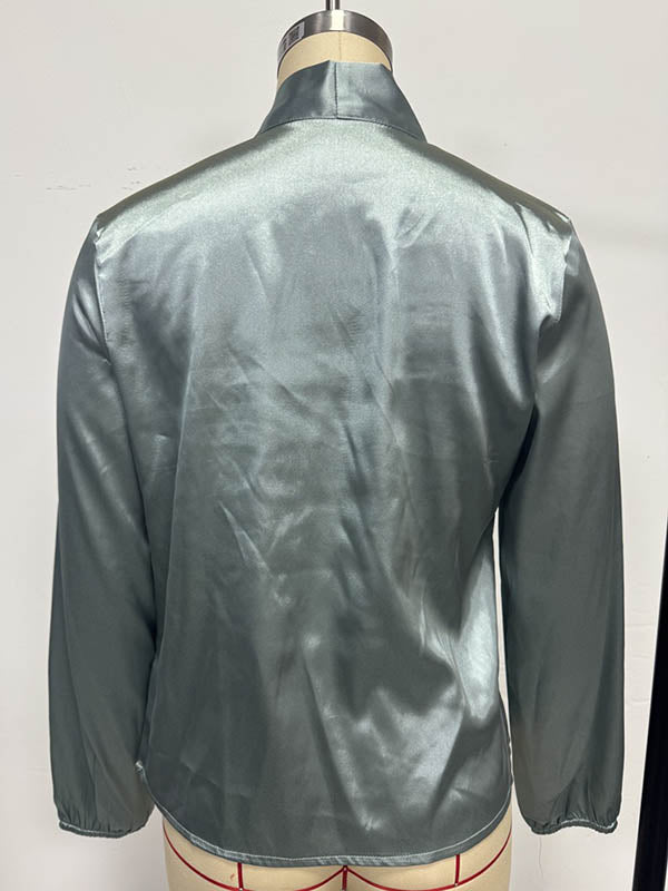Bow-Embellished Pleated Solid Color Split-Joint Long Sleeves Loose Scarf Collar Blouses&Shirts Tops