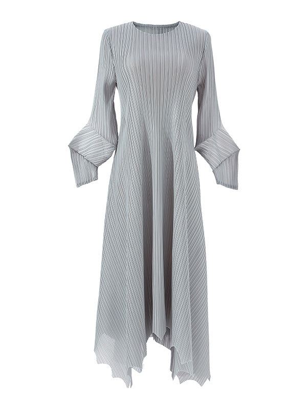Pleated Solid Color Irregular clipping Loose Round-neck Midi Dresses