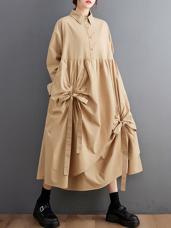 Buttoned Pleated Pockets Solid Color Tied A-Line Long Sleeves Lapel Shirt Dress Midi Dresses