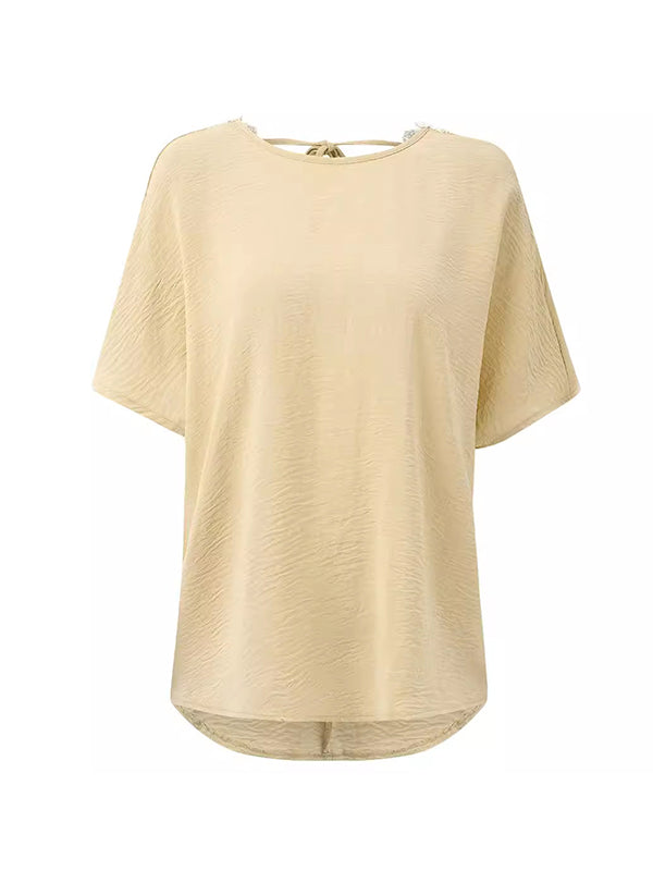 Backless Tied Half Sleeves High-Low Round-Neck T-Shirts Tops