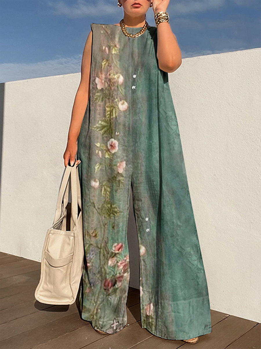 Flower Print Printed Loose Sleeveless Boat Neck Jumpsuits