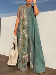 Flower Print Printed Loose Sleeveless Boat Neck Jumpsuits