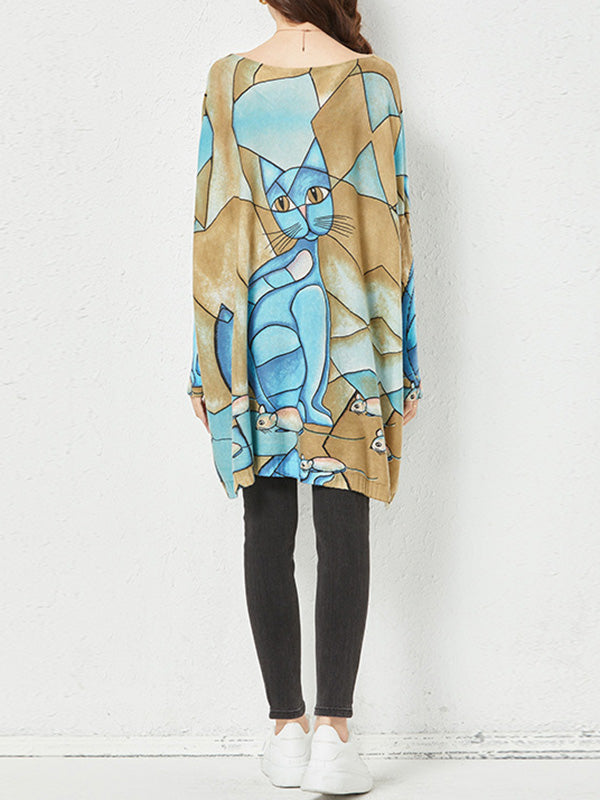 Animal Printed Long Sleeves Loose Round-Neck Sweater Tops Pullovers Knitwear