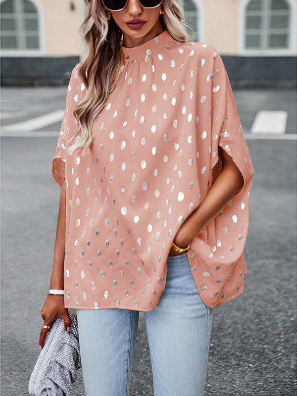 Bandage Polka Dot Loose Round-Neck Blouses&Shirts Tops