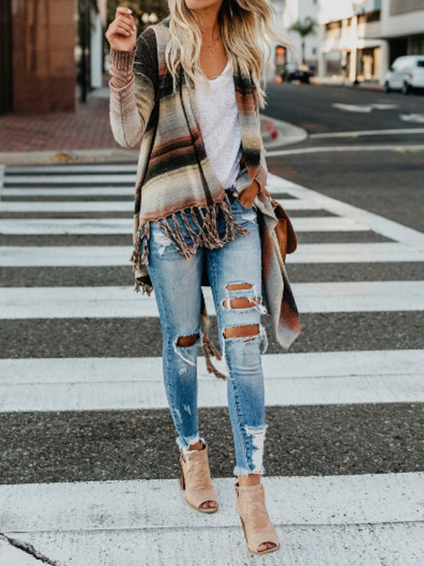 Buttoned Striped Tasseled Long Sleeves Loose Heaps Collar Cardigan Tops