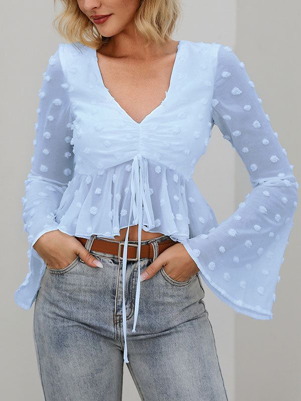 Flared Sleeves Contrast Color Drawstring Falbala Jacquard V-Neck Blouses&Shirts Tops