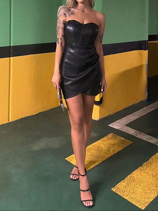 Pleated Solid Color Split-Joint Skinny Sleeveless Tube Mini Dresses