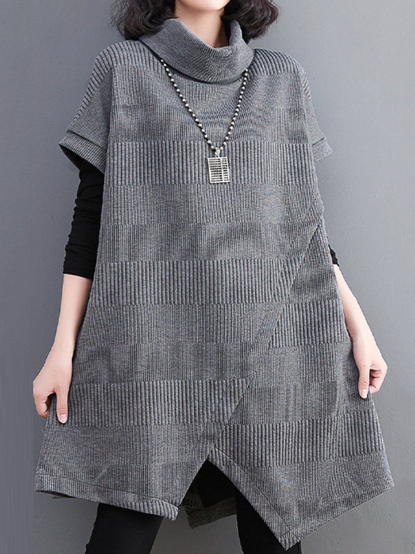 Asymmetric Solid Color Split-front Split-Joint Loose Raglan Sleeve High-neck Mini Dresses Knitwear
