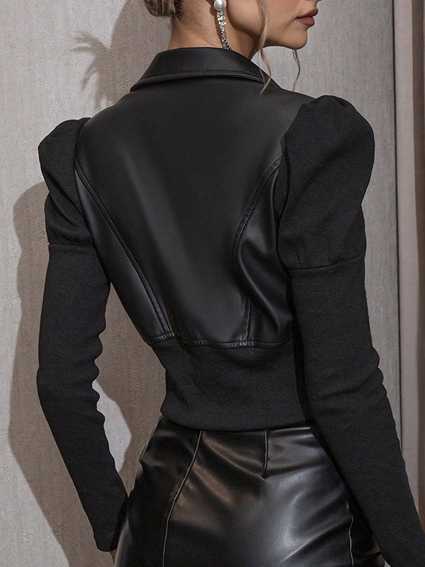 Elasticity Pleated Solid Color Split-Joint Zipper Long Sleeves Puff Sleeves Lapel PU Jackets