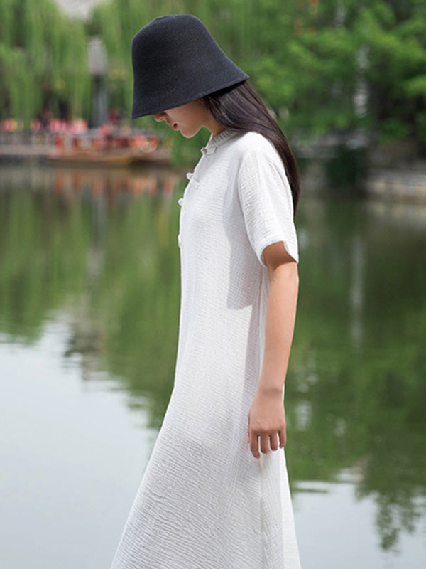 Frog Stand Collar Short Sleeve Loose Long Cheongsam