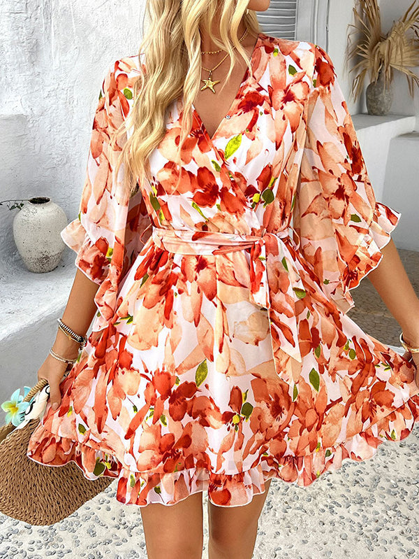 Flower Print Ruffle Trim Split-Joint Tied Waist Flared Sleeves Half Sleeves V-Neck Mini Dresses