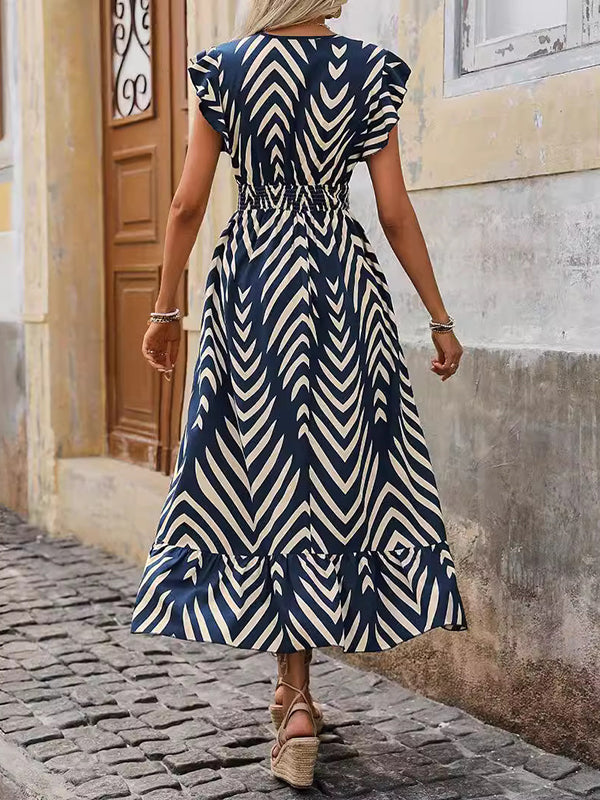Elasticity Printed Split-Joint Flying Sleeves Loose V-neck Maxi Dresses