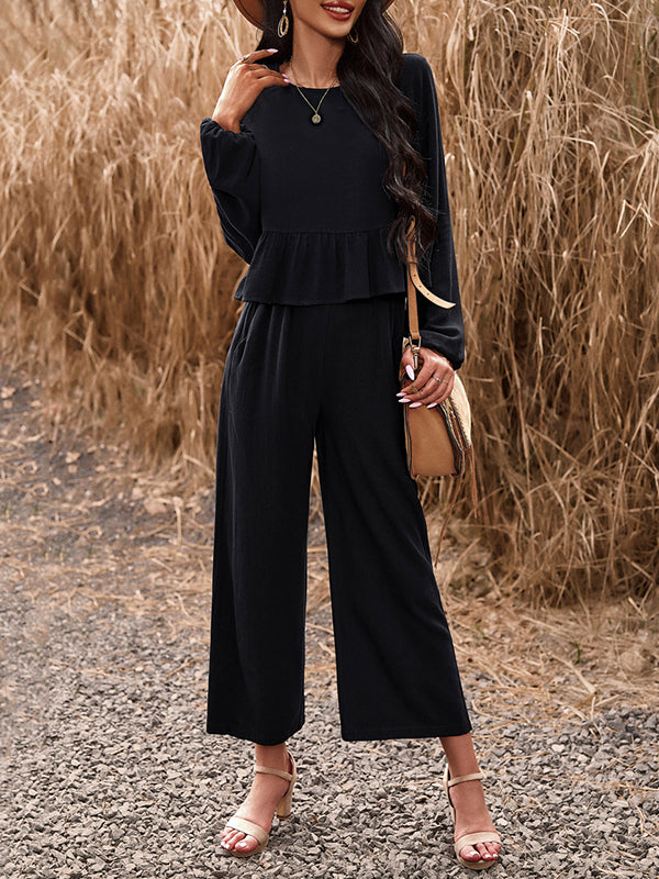Round-Neck Long Sleeves Loose Pleated Solid Color Split-Joint Shirts Top + Pants Bottom Two Pieces Set
