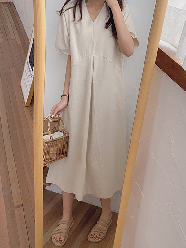 Loose Solid Color V-Neck Pleated With Pockets Midi Dresses