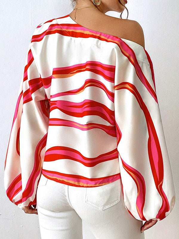 Asymmetric Striped Long Sleeves Loose One-Shoulder Blouses&Shirts Tops
