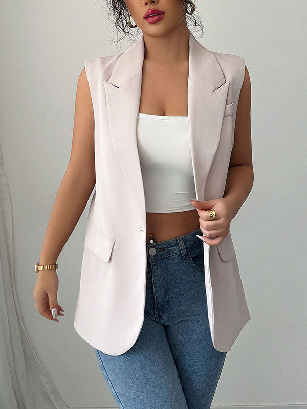Buttoned Pockets Loose Sleeveless Notched Collar Vest Top Blazer