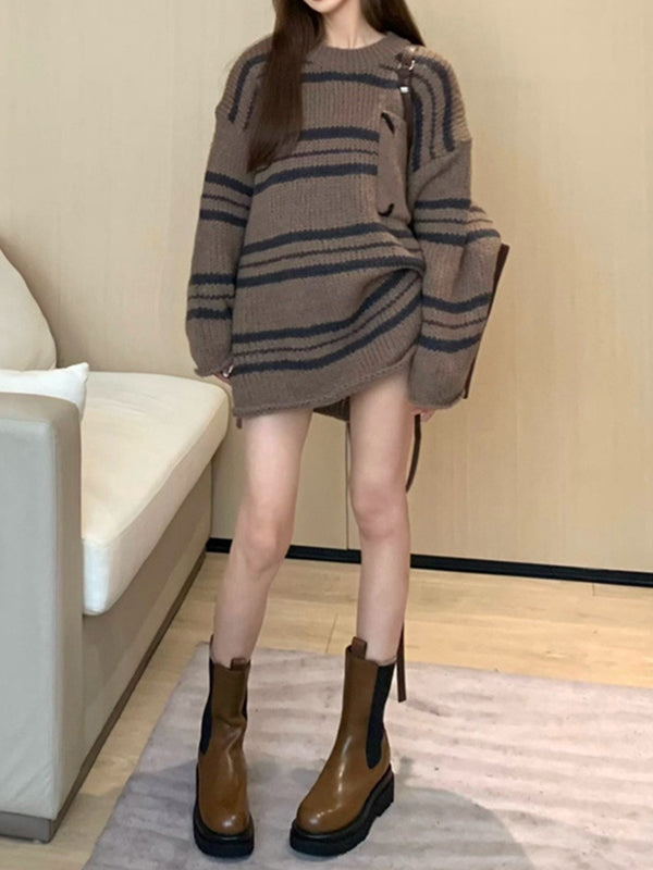 Split-Joint Striped Long Sleeves Loose Round-Neck Sweater