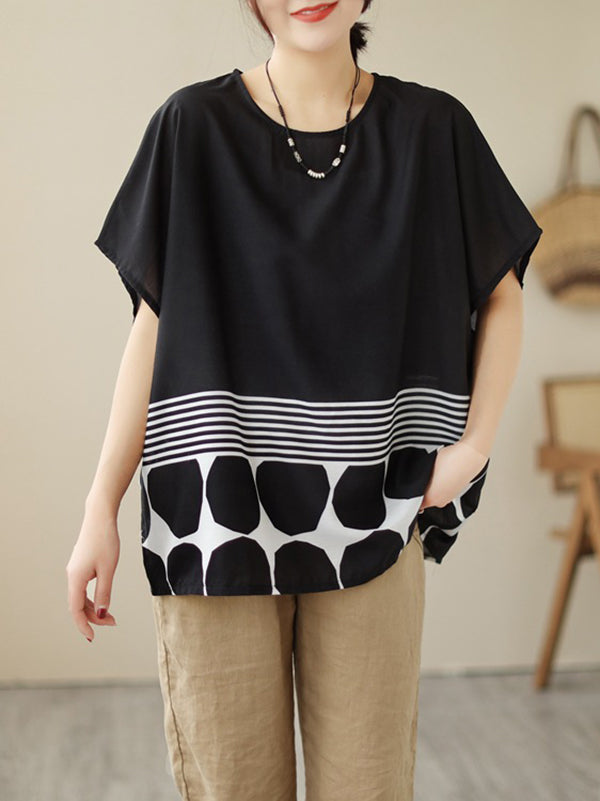 Polka Dot Split-Joint Striped Loose Short Sleeves Round-Neck T-Shirts Tops