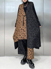 Jacquard A-Line High-Low Asymmetric Contrast Color Vest Top + Elasticity Pants Bottom Two Pieces Set