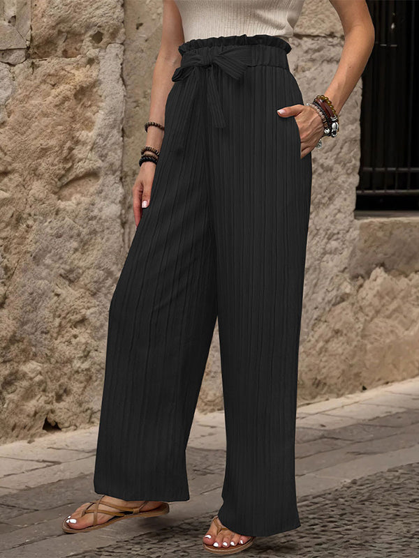 Elasticity Pleated Solid Color Tied Waist High Waisted Loose Trousers Pants