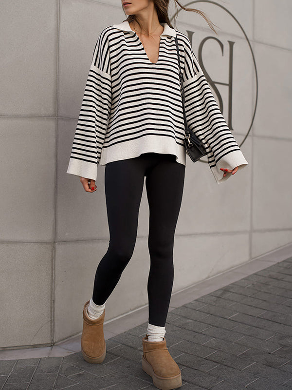 Split-Joint Striped Long Sleeves Loose Lapel Sweater Tops