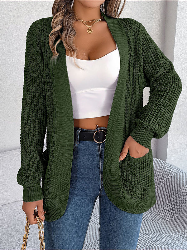 Pockets Solid Color Split-Joint Long Sleeves Loose Collarless Cardigan Tops