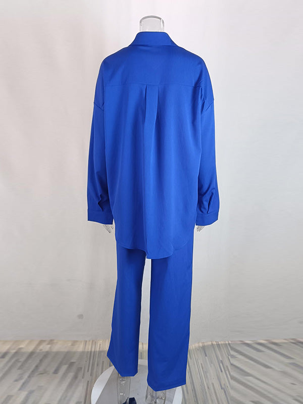 Lapel Long Sleeves Buttoned Pockets Solid Color Shirts Top + Elasticity High Waisted Pants Bottom Two Pieces Set