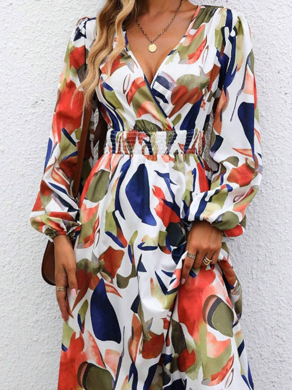 Elasticity Printed Split-Joint A-Line Long Sleeves Deep V-Neck Midi Dresses