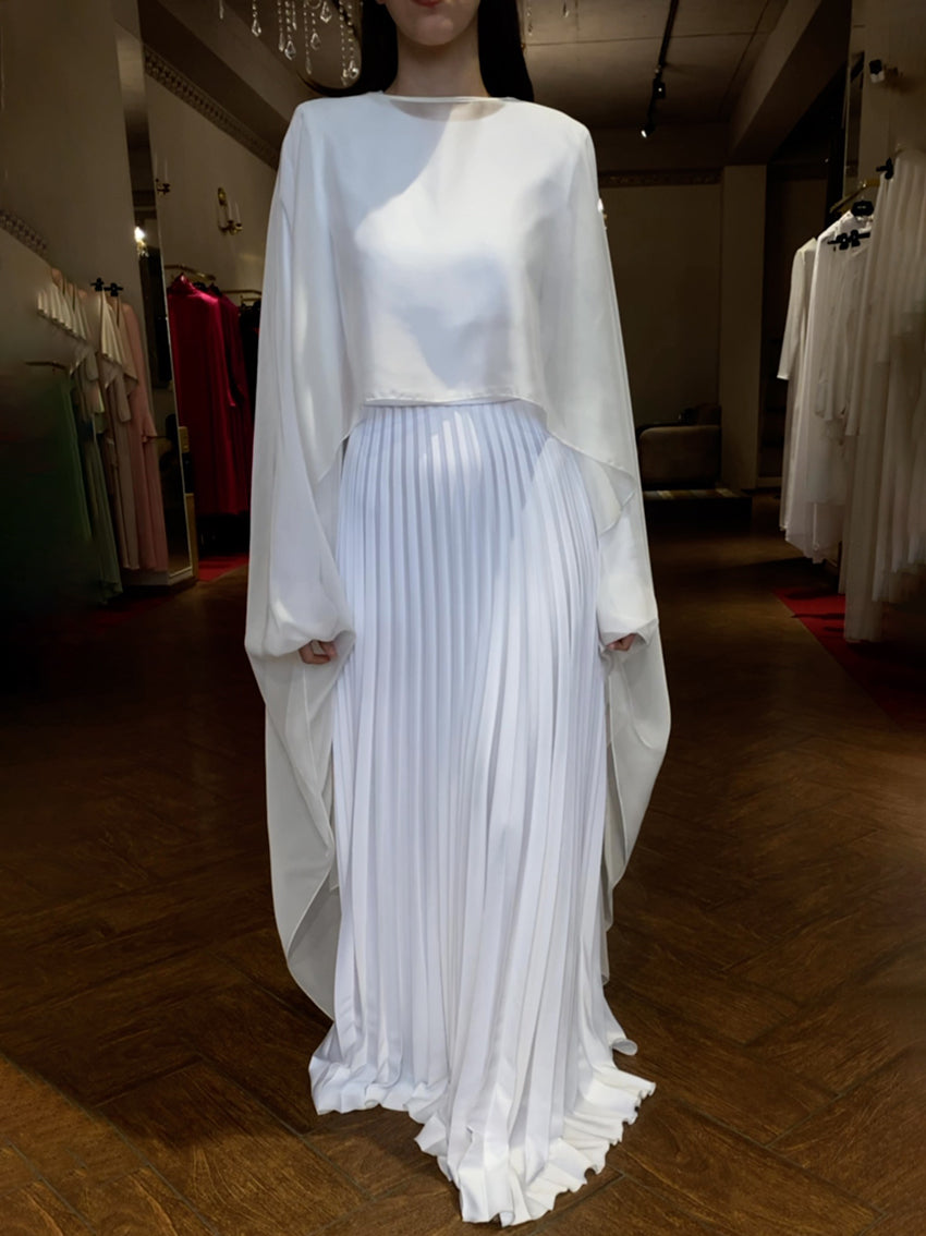 Long Sleeves Pleated Solid Color Round-neck Evening Maxi Dresses