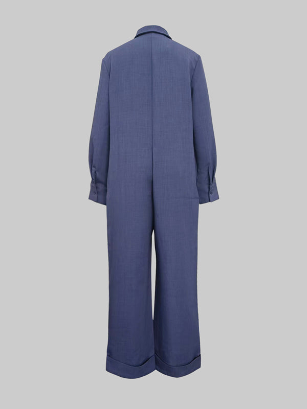 Long Sleeves Loose Solid Color Zipper Lapel Jumpsuits