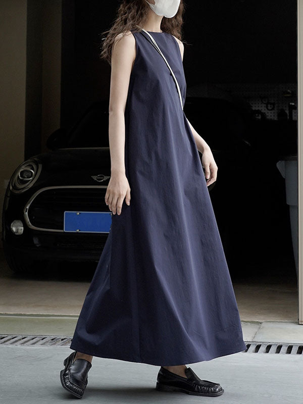 Solid Color Loose Sleeveless Round-Neck Midi Dresses