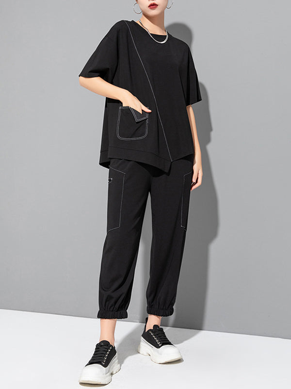 Asymmetric Solid Color Split-Joint Loose Short Sleeves Round-Neck T-Shirts Tops