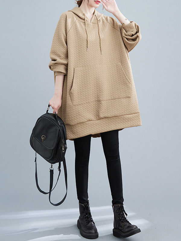 Buttoned Drawstring Pockets Solid Color Split-side High-low Long Sleeves Hooded Hoodies Tops