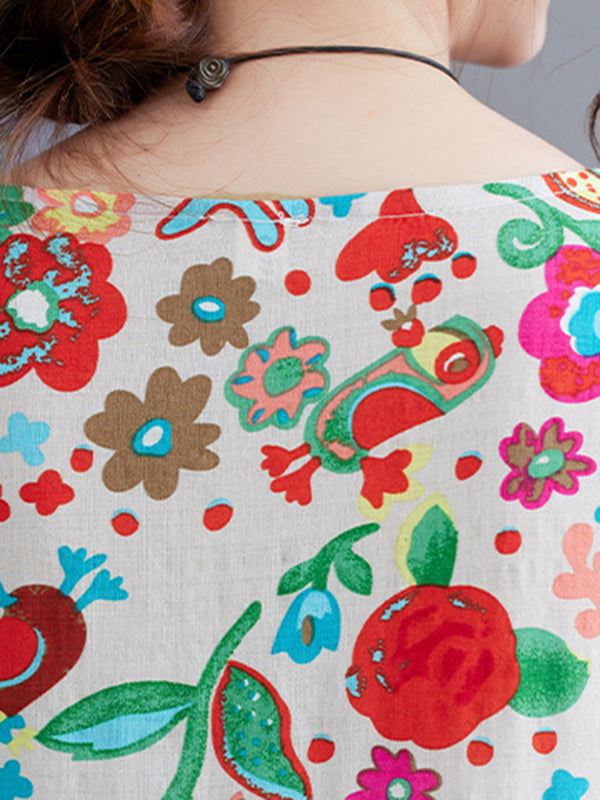 Pleated Printed Split-Joint Loose Short Sleeves Round-Neck Midi Dresses