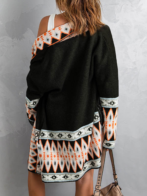 Contrast Color Long Sleeves Loose Collarless Cardigan Tops