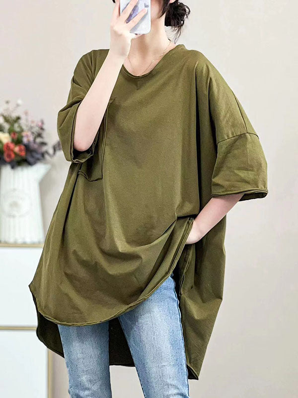 Pockets Solid Color Half Sleeves Irregular Clipping V-Neck T-Shirts Tops