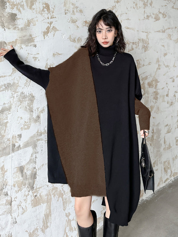 Asymmetric Contrast Color Split-Joint Batwing Sleeves Hipster High-neck Sweater Dresses Midi Dresses