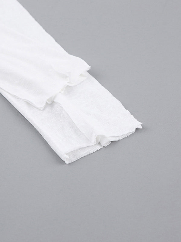 Pleated Solid Color Long Sleeves Skinny Round-Neck T-Shirts
