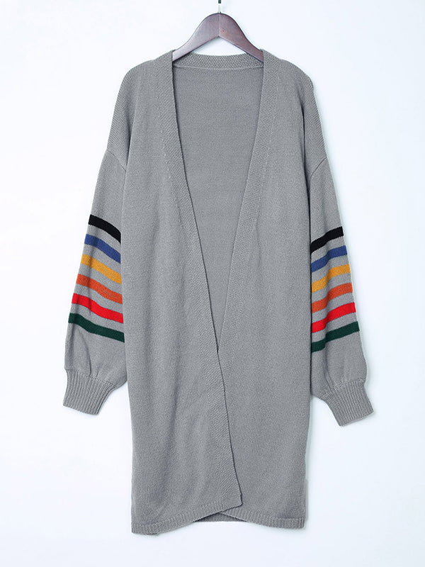 Colorful Contrast Color Striped Long Sleeves Loose Collarless Cardigan Tops